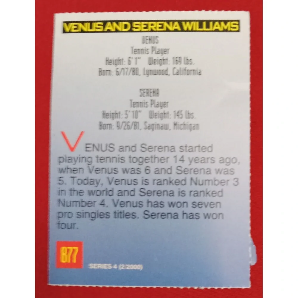 Serena & Venus Williams 2000 Sports Illustrated For Kids Tennis #877 BEAUTY !